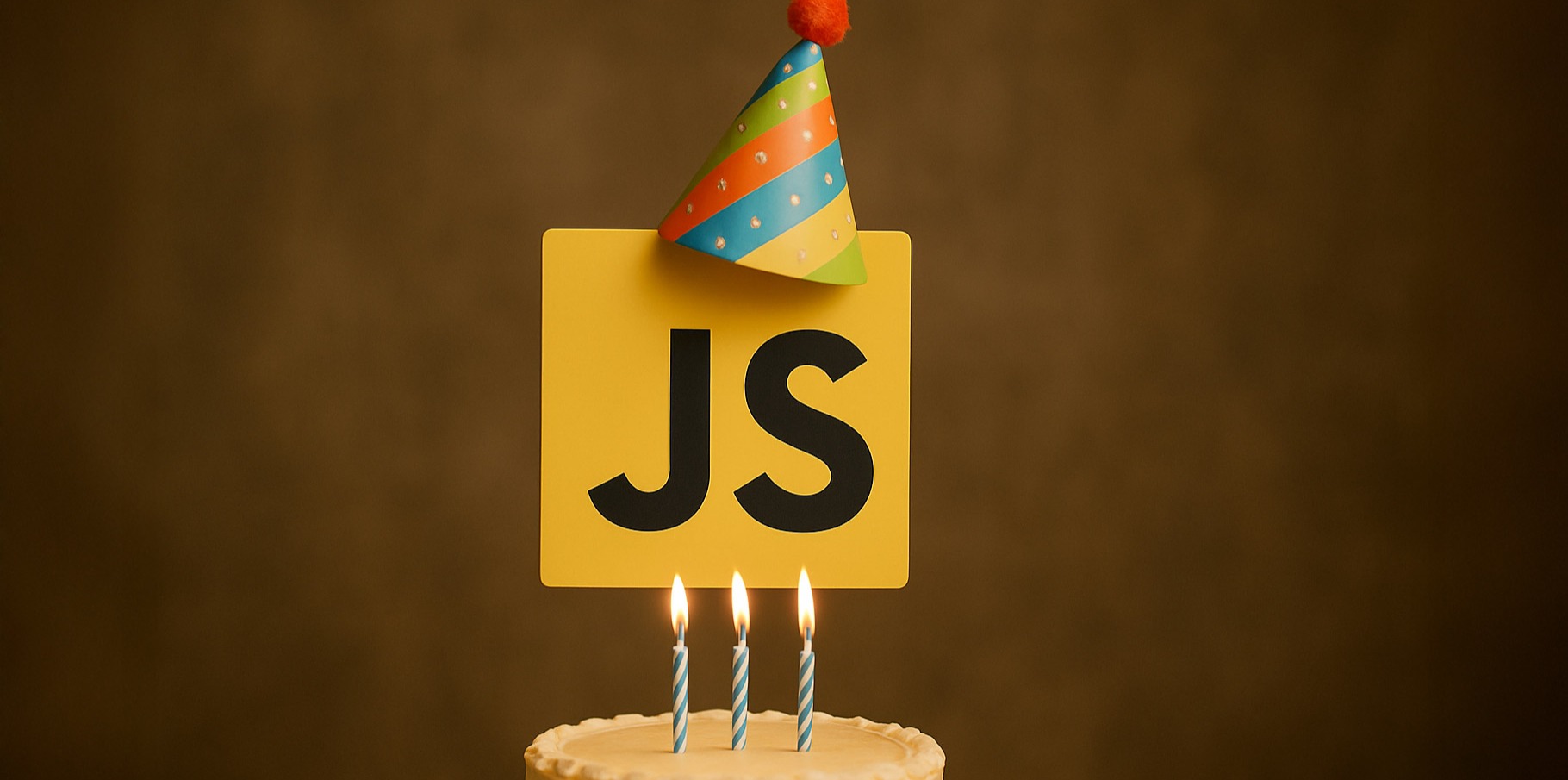 JavaScript logo with a party hat and a birthday cake