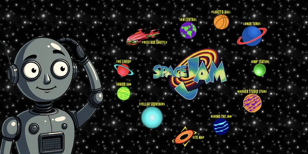 a confused robot looking at the space jam web site