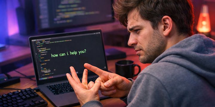 A man sat at a laptop struggling to do maths on his fingers