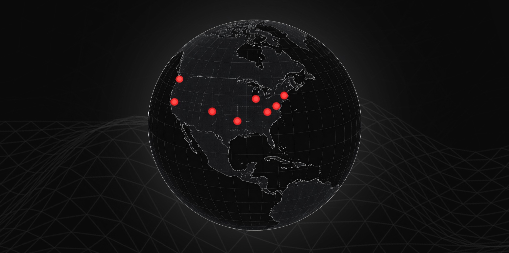 A globe with several locations in North America marked with red dots