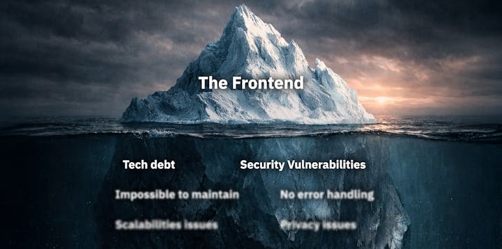 An iceberg showing the frontend above the water, with major issues below it