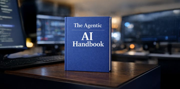 A blue book with 'The Agentic AI Handbook' written on the front