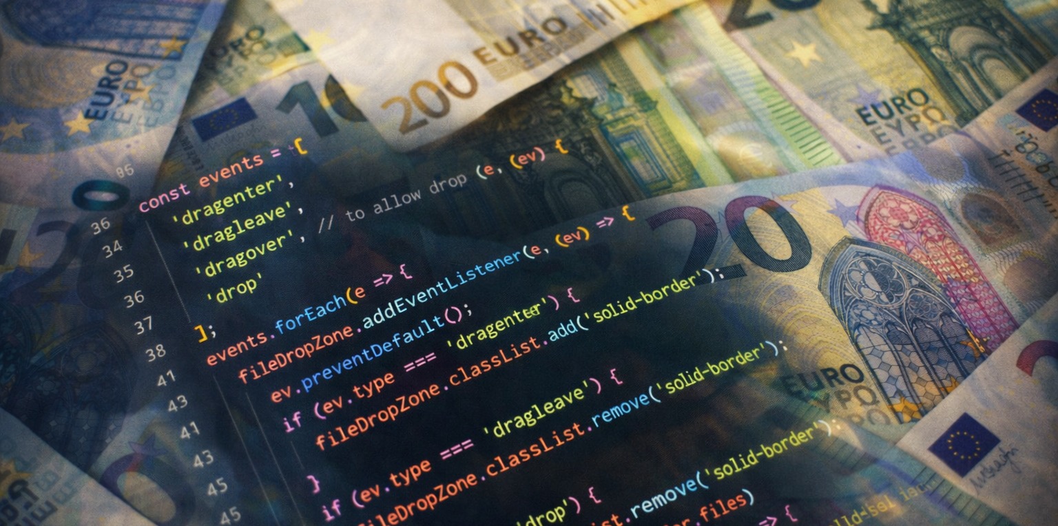 A background of Euro bank notes with code blended in over the top