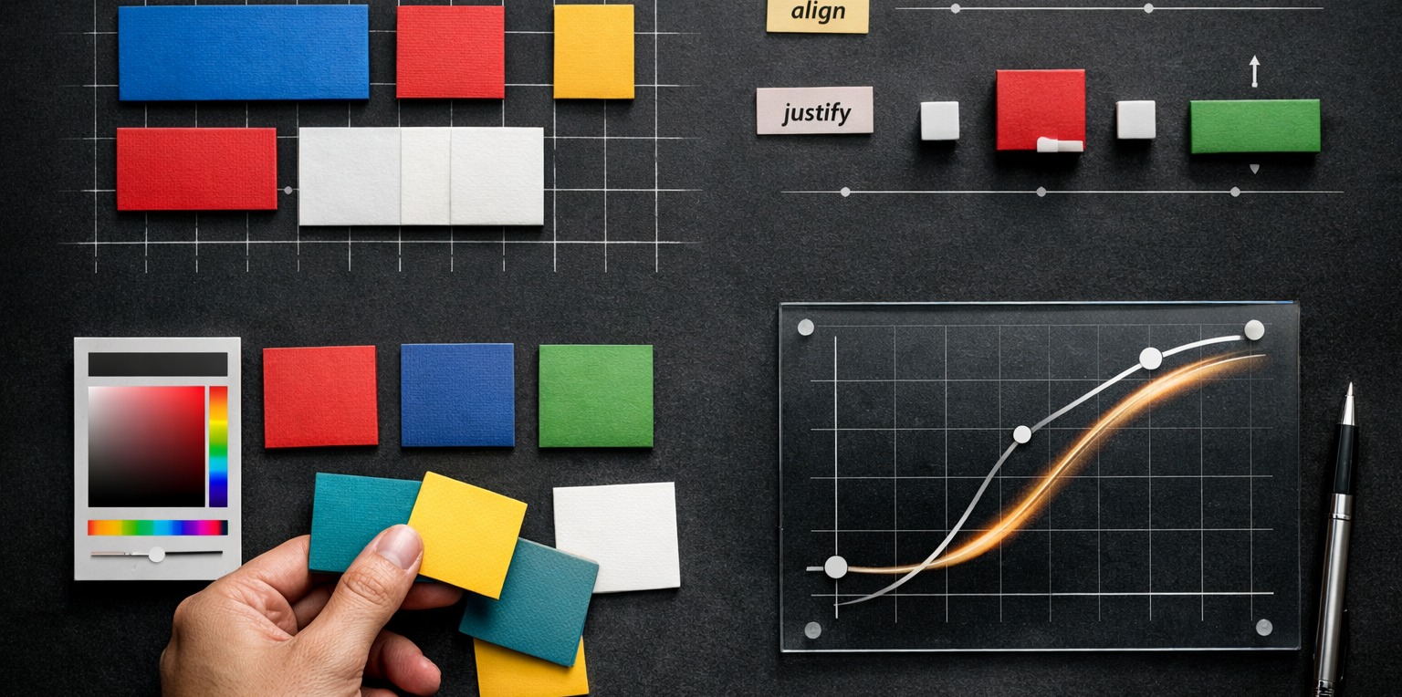 A table top with different CSS elements represented as blocks (grid), a curve (animations) and flex box alignments.