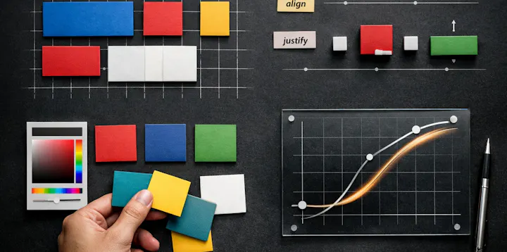 A table top with different CSS elements represented as blocks (grid), a curve (animations) and flex box alignments.