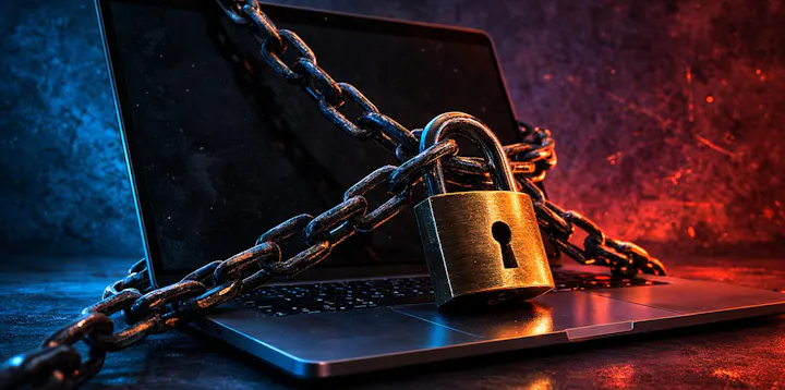 A laptop with a padlock chained around it