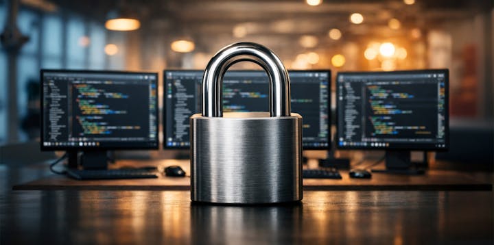 A row of computer monitors with code editors on them in the background, with a padlock in the foreground