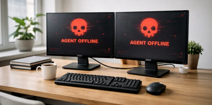 Two monitors with red skulls on, and 'agent offline' underneath, on a brightly lit desk