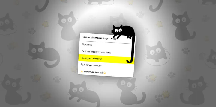 An illustration of a cat with a tail that extends as user hover over items lower down the list.