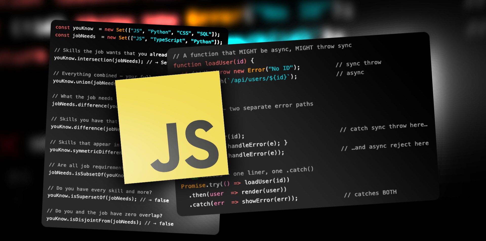 The JavaScript logo with some code behind it