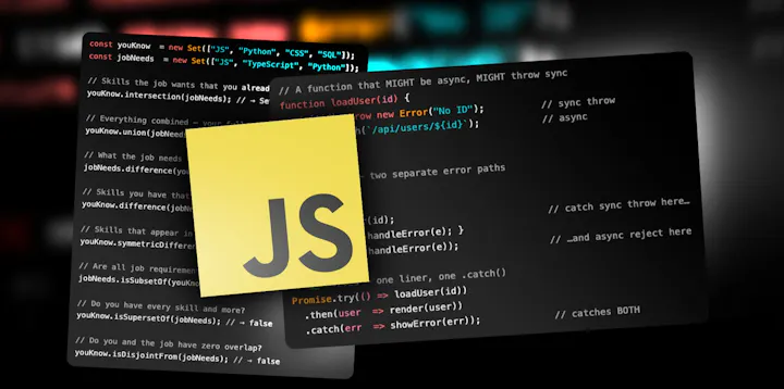 The JavaScript logo with some code behind it