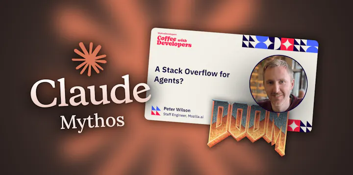 A collage with the Claude Mythos logo, a thumbnail for a video called A Stack Overflow for Agents and the DOOM logo