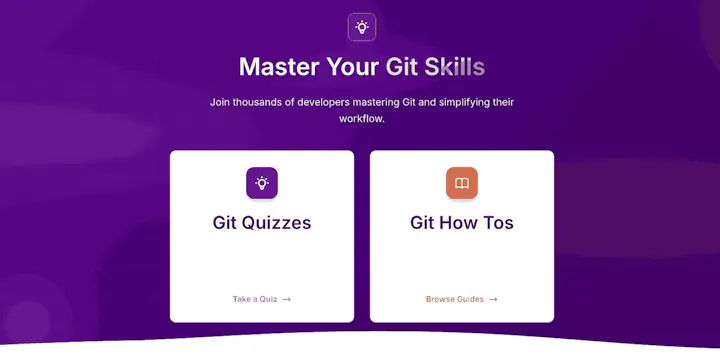 The Git Skills homepage showing you quizzes and how-tos.