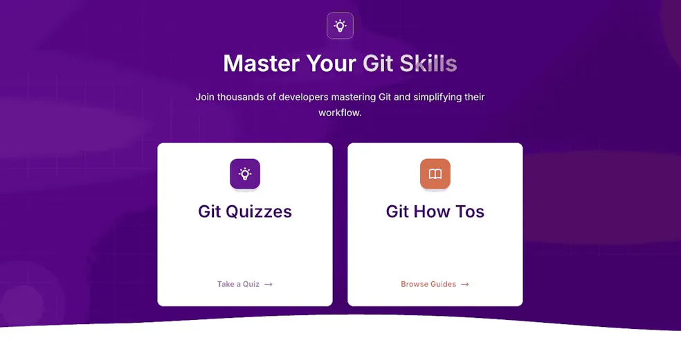 The Git Skills homepage showing you quizzes and how-tos.