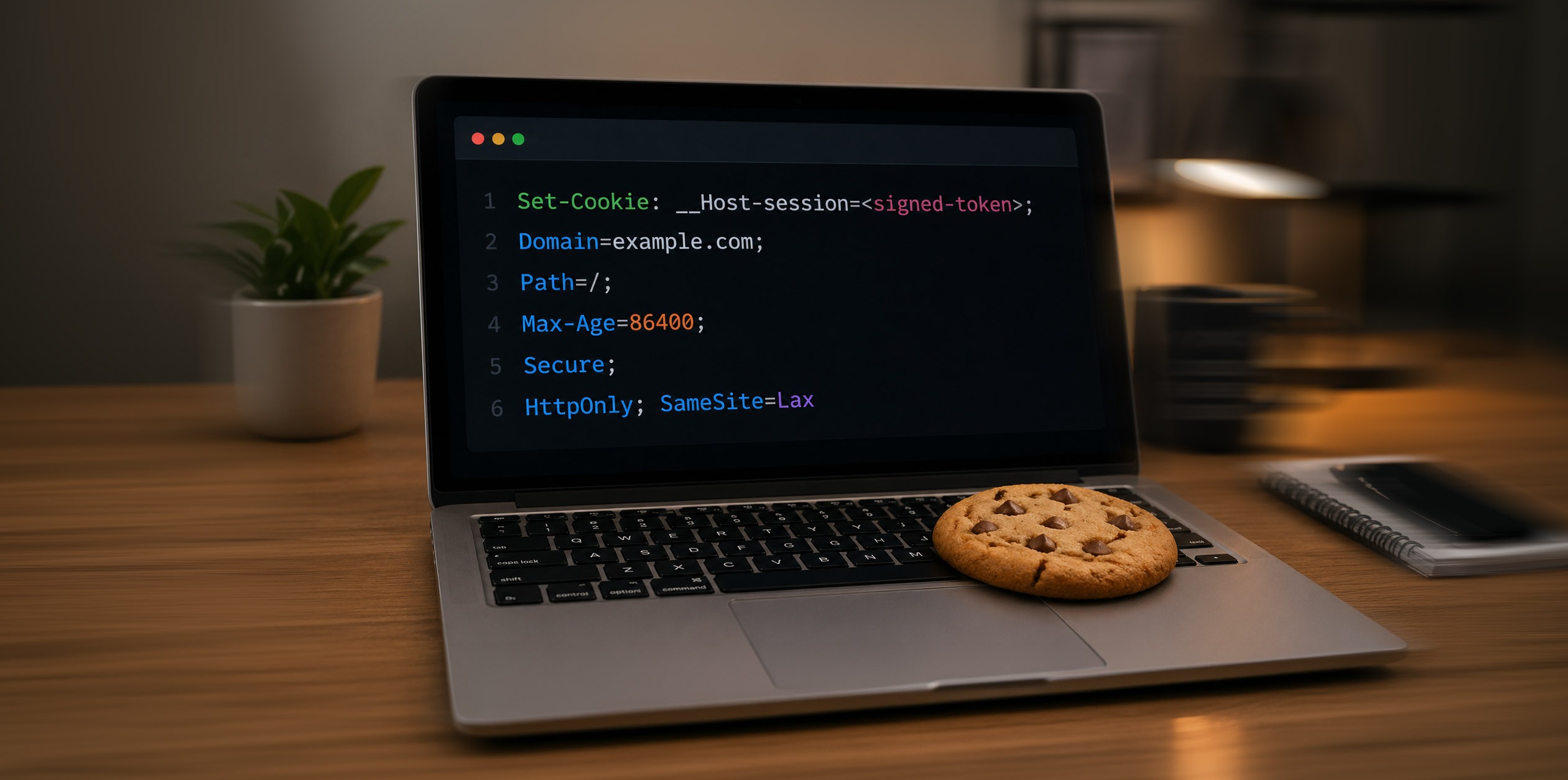 A cookie sat on a laptop that shows cookie code on its screen.
