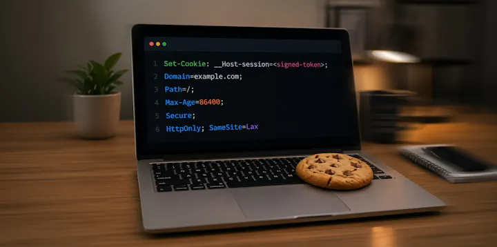 A cookie sat on a laptop that shows cookie code on its screen.