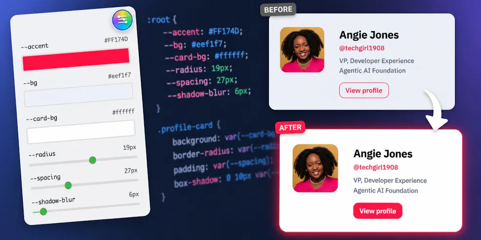 A collage of a slideVars panel, some CSS properties and a before and after of a card element.