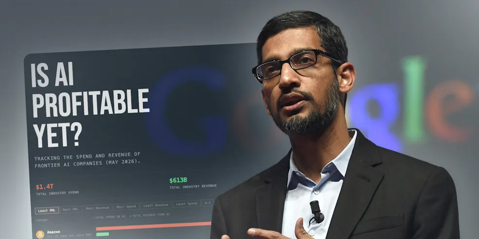 A collage showing a website called 'Is AI profitable yet?' with Sundar Pichai alongside it