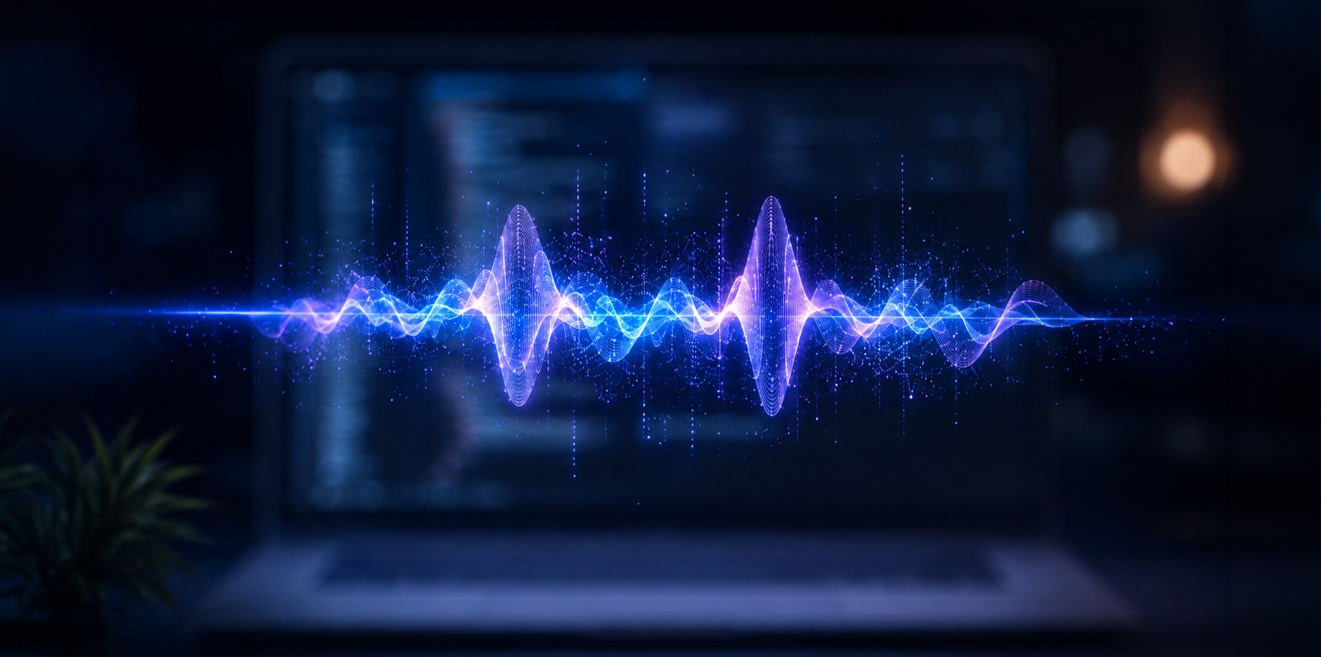 A glowing audio wave floating in front of a blurry laptop