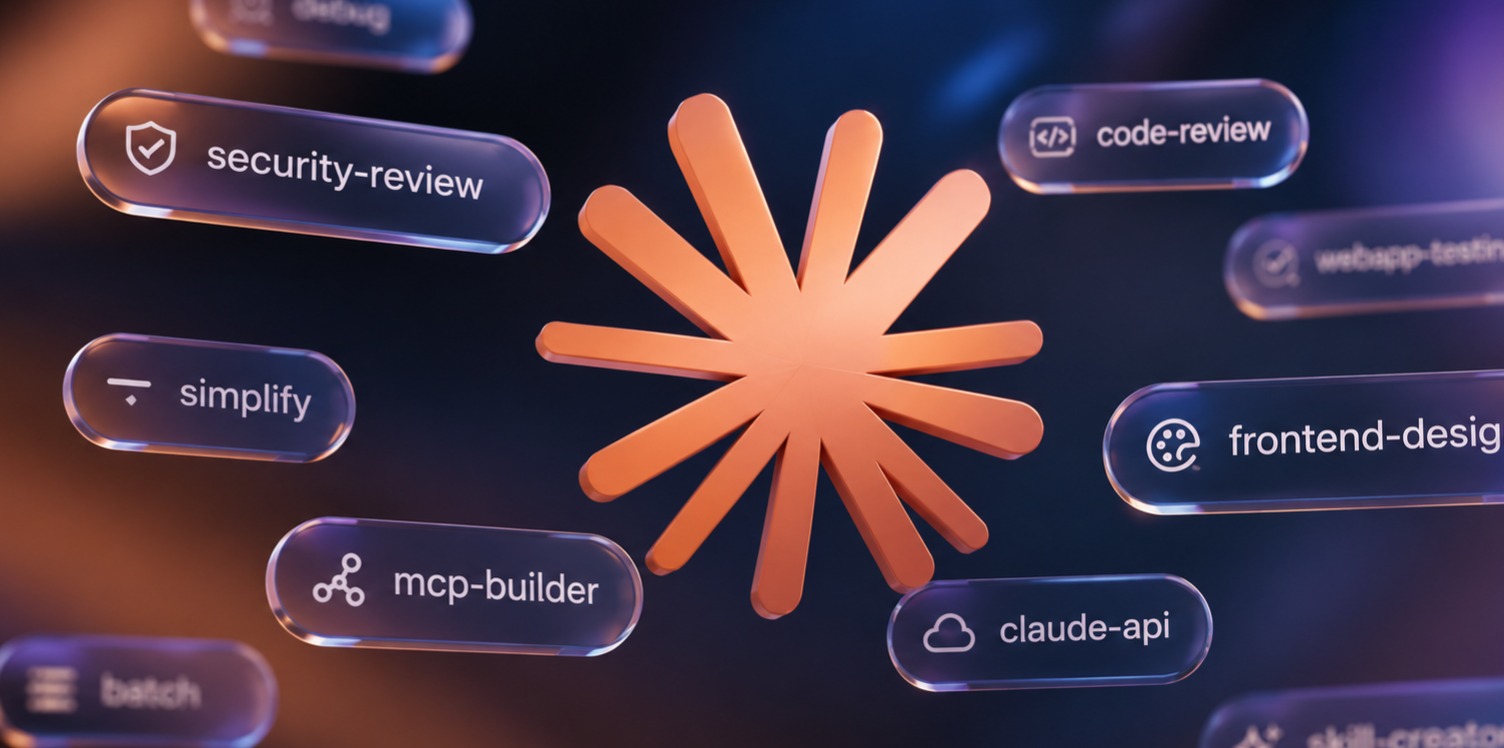 Claude Code logos with skills floating in pill-shaped buttons