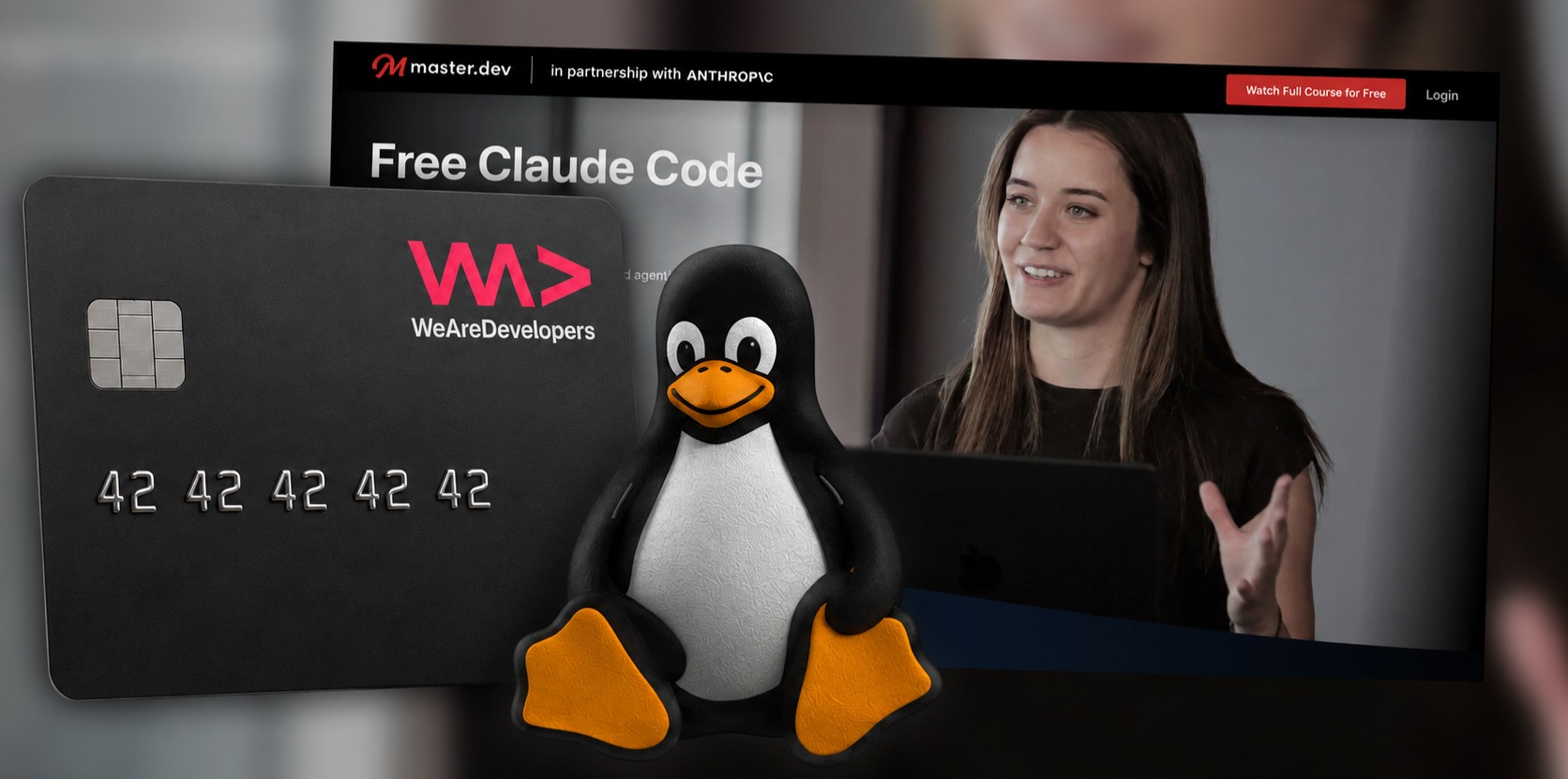 A collage of a credit card, the Linux penguin and a screenshot of a website showing a free Claude Code course