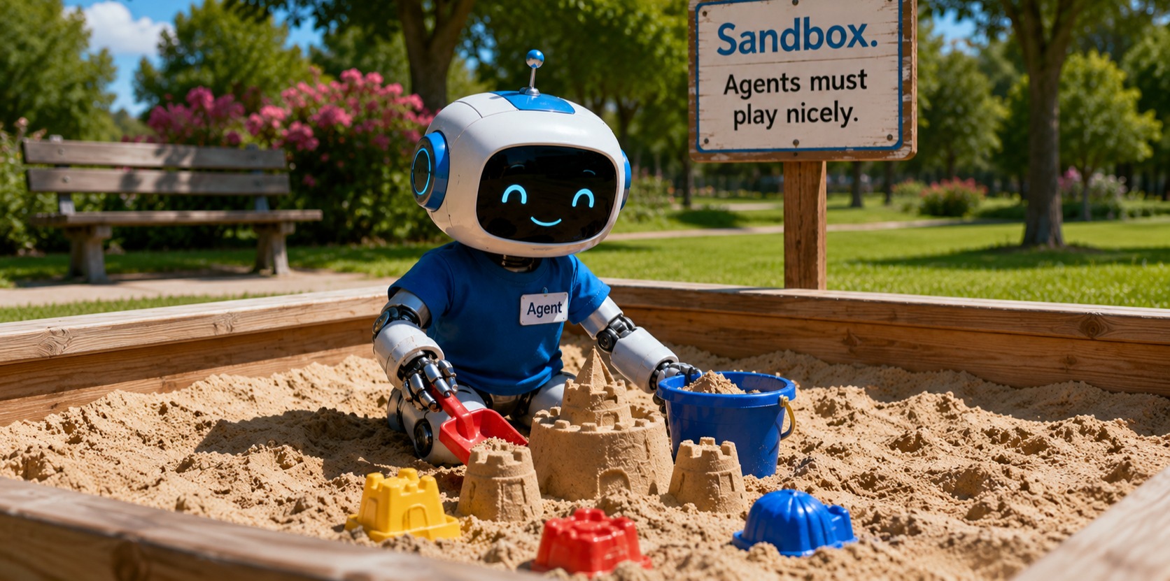 A cute robot/agent playing in a sandpit