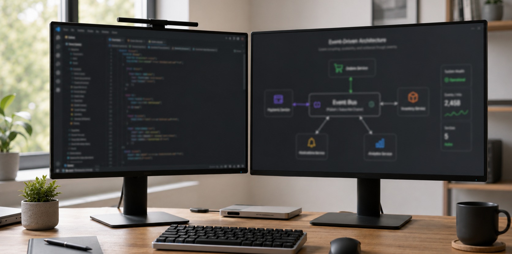 A developer workstation showing a code editor on one monitor, and a diagram on another