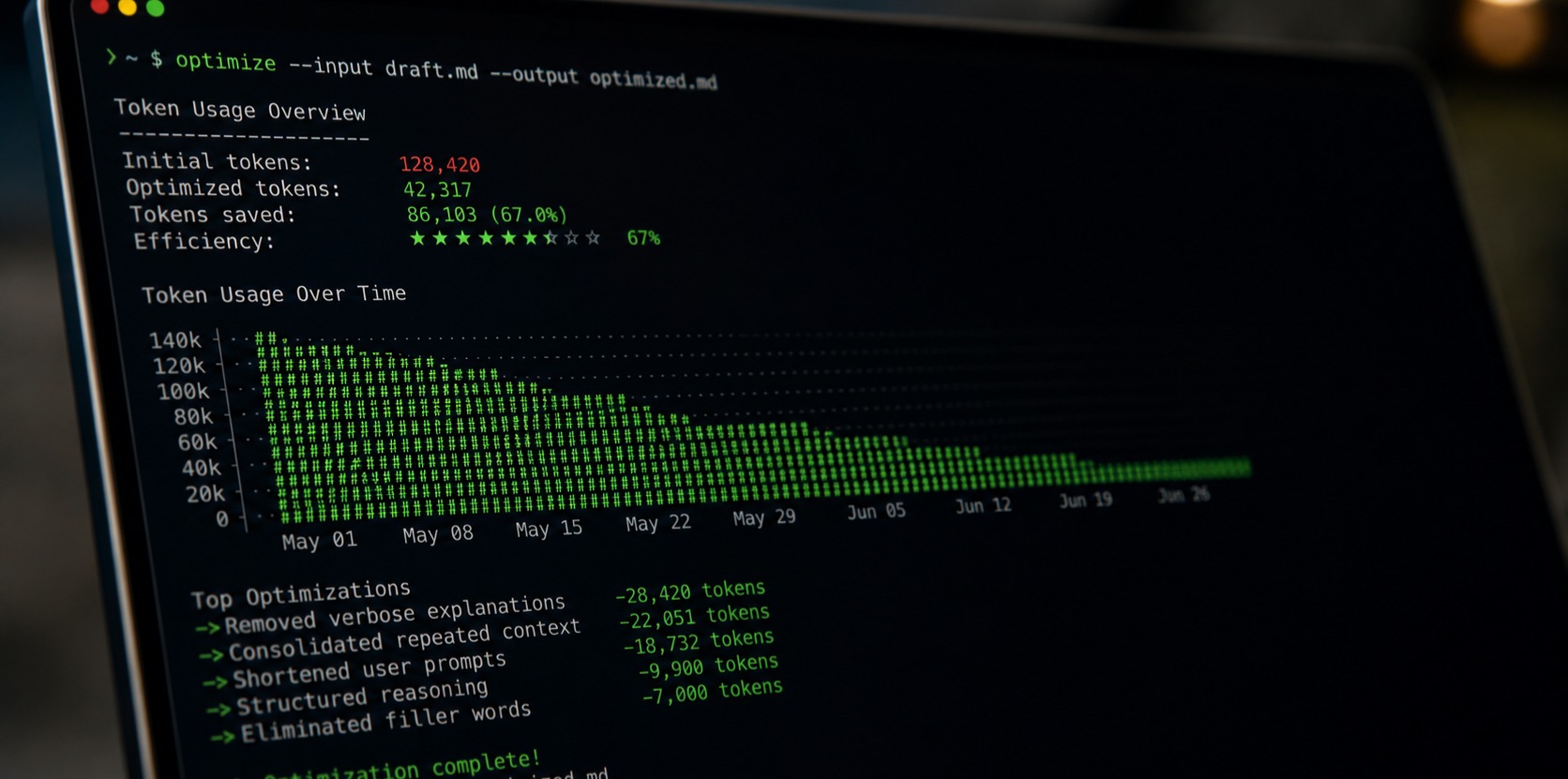 A laptop showing a terminal window with a token-saving package showing savings on tokens