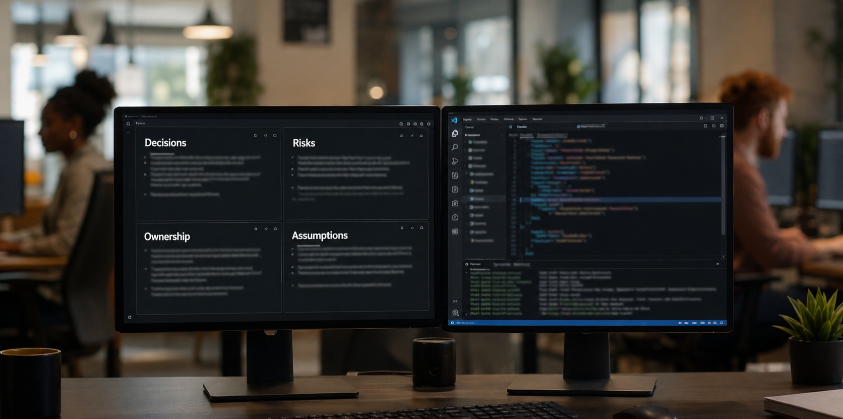A dual monitor set up showing code on screen, and a series of documents on the other, with the titles: decisions, risks, ownership and assumptions