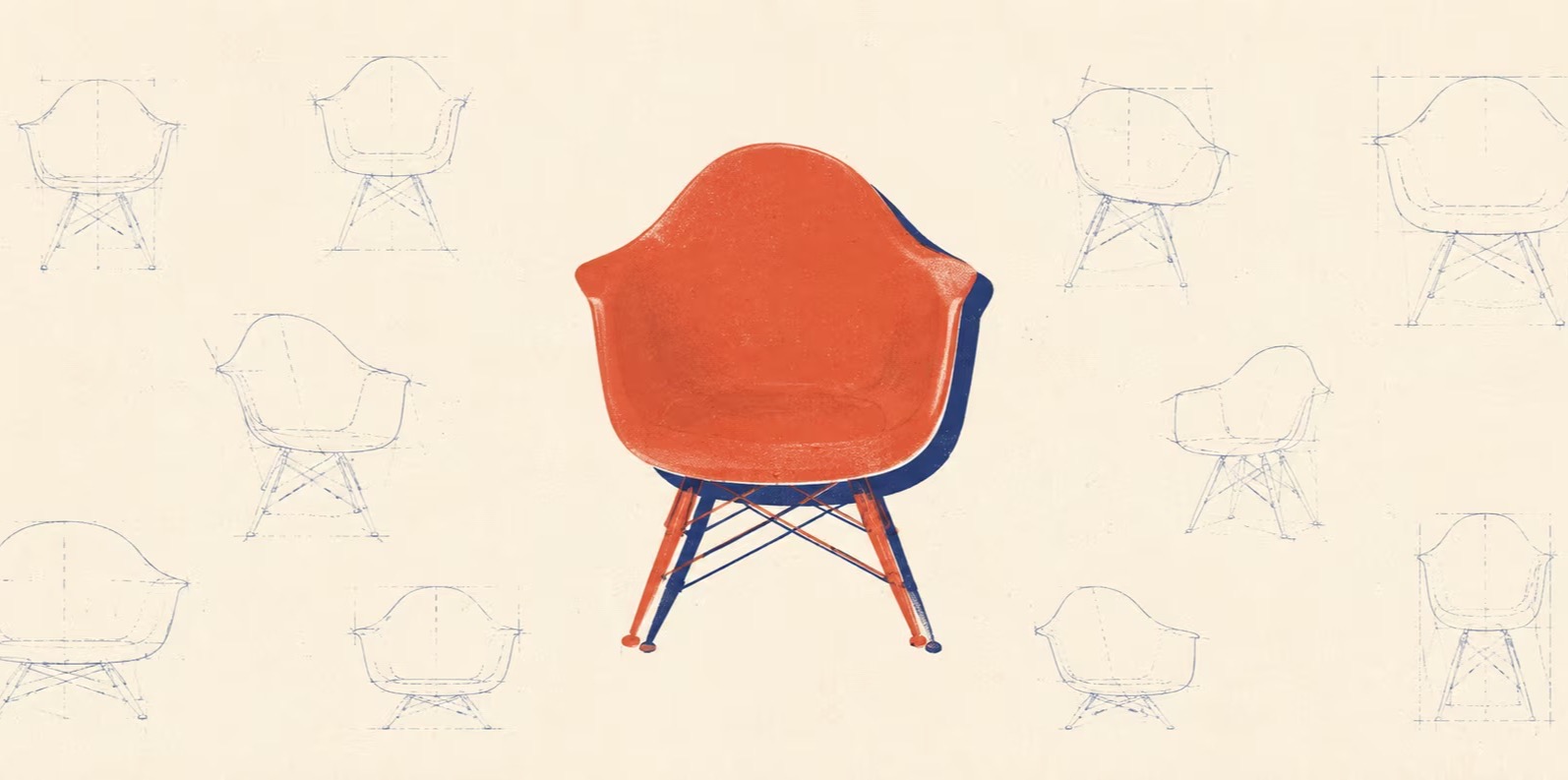 A finished orange Eames fiberglass armchair surrounded by blue blueprint sketches of the same chair.