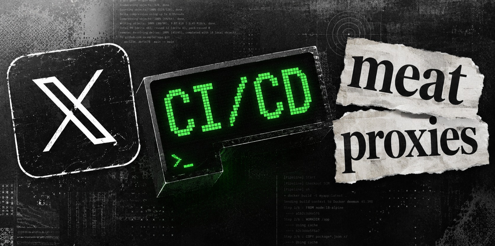 A collage of the X logo, the phrase 'CI/CD' and 'meat proxies'