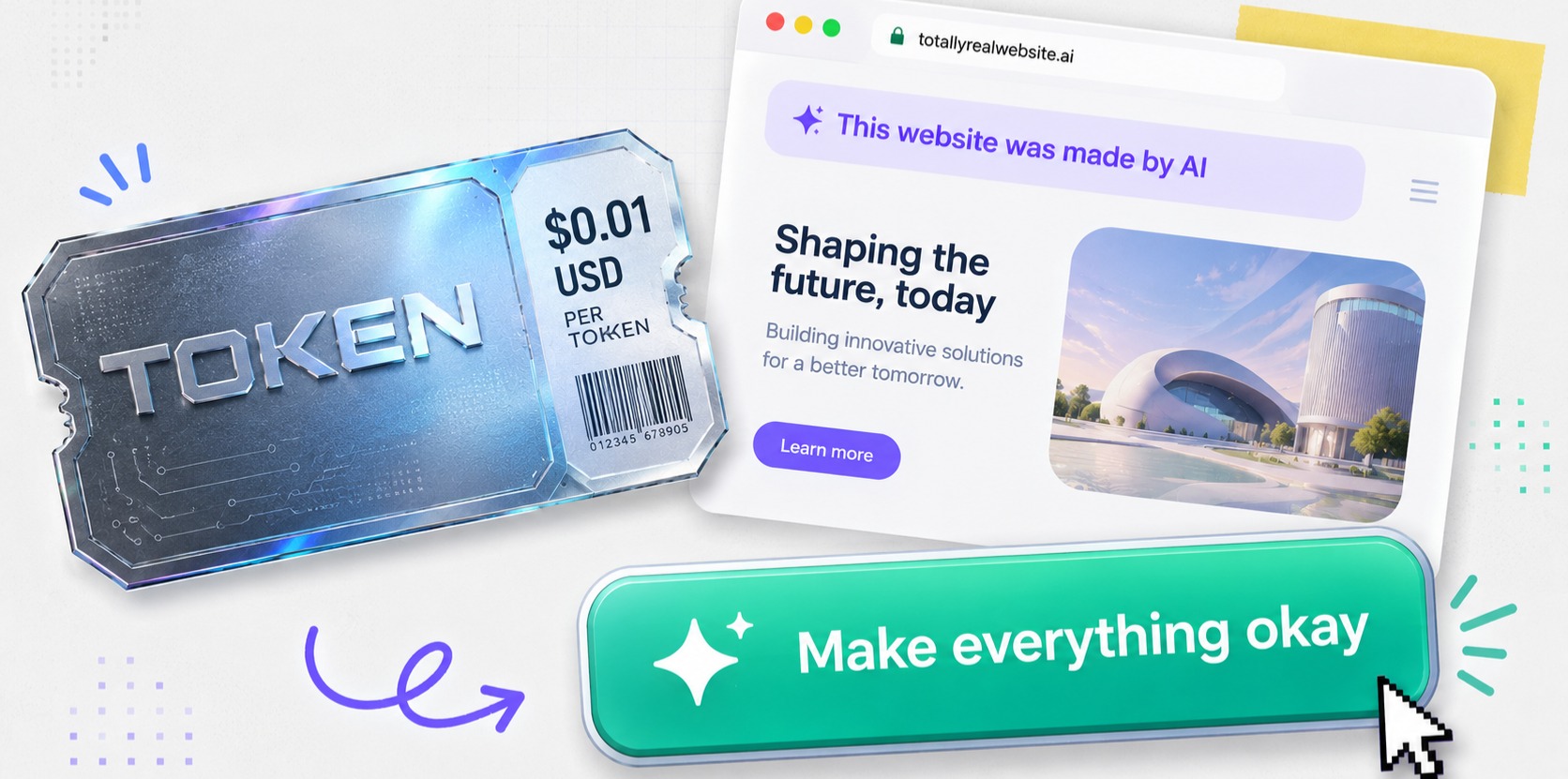 A collage showing a token, a website with the label 'made with AI' and a button with 'make everything okay' on