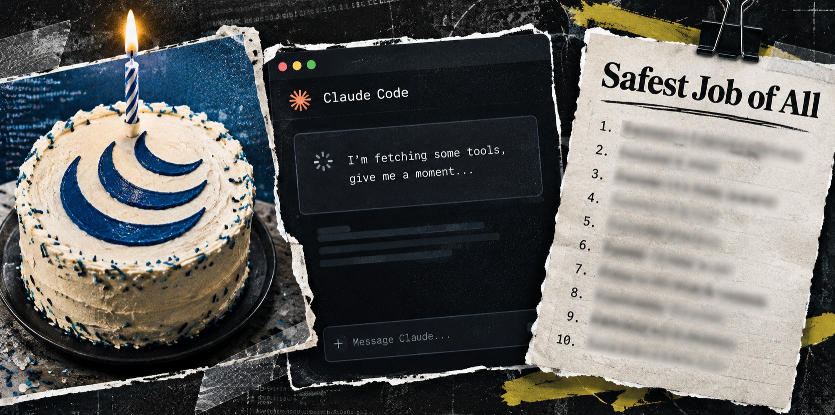 a collage of a jQuery cake, a Claude code UI and a list of safe jobs