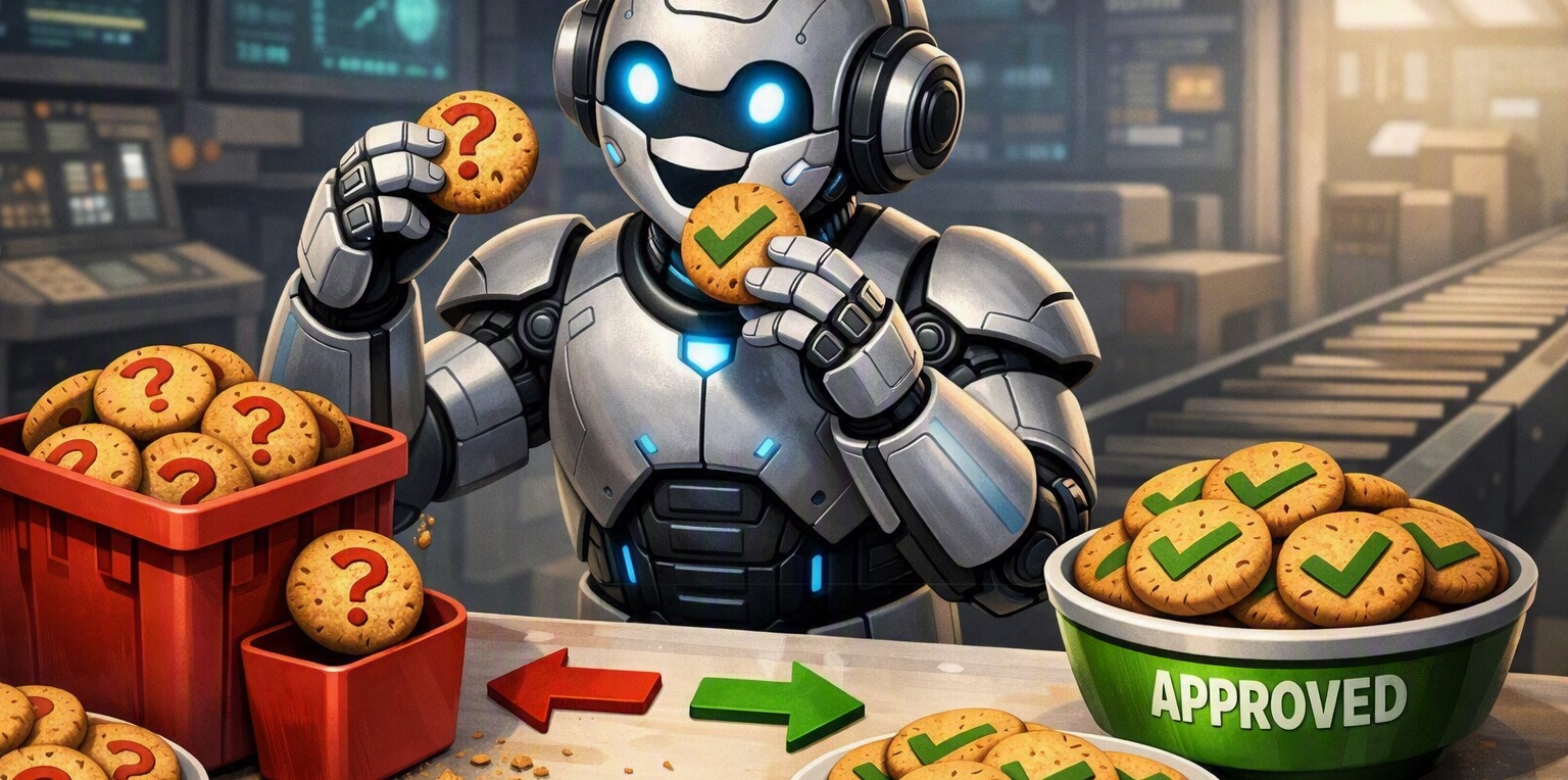 A robot with cookies showing check marks and question marks, about to eat the one with the checkmark