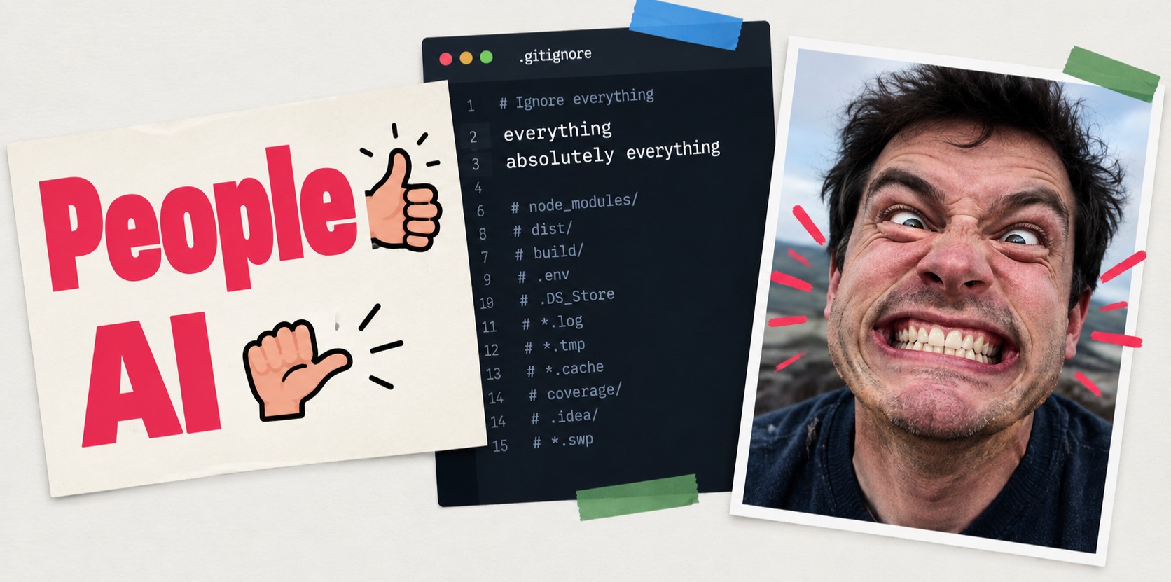 A collage showing people over AI, a gitignore file including everything, and a man gurning