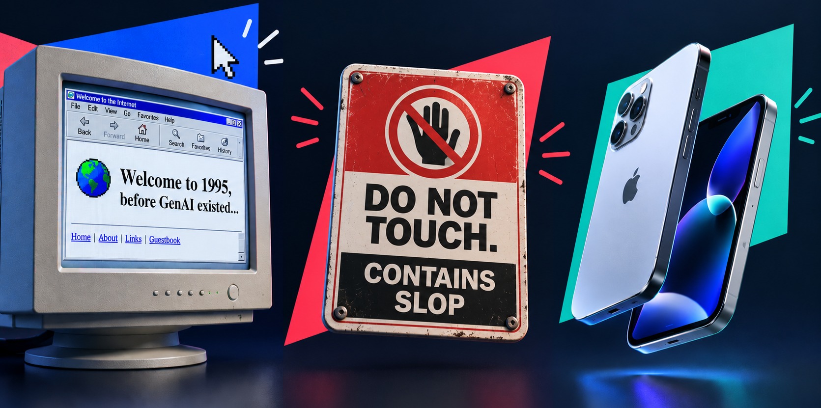 A digital collage of a 90's computer saying 'welcome to 1995', a sign with 'do not touch, contains slop' and an iphone duo