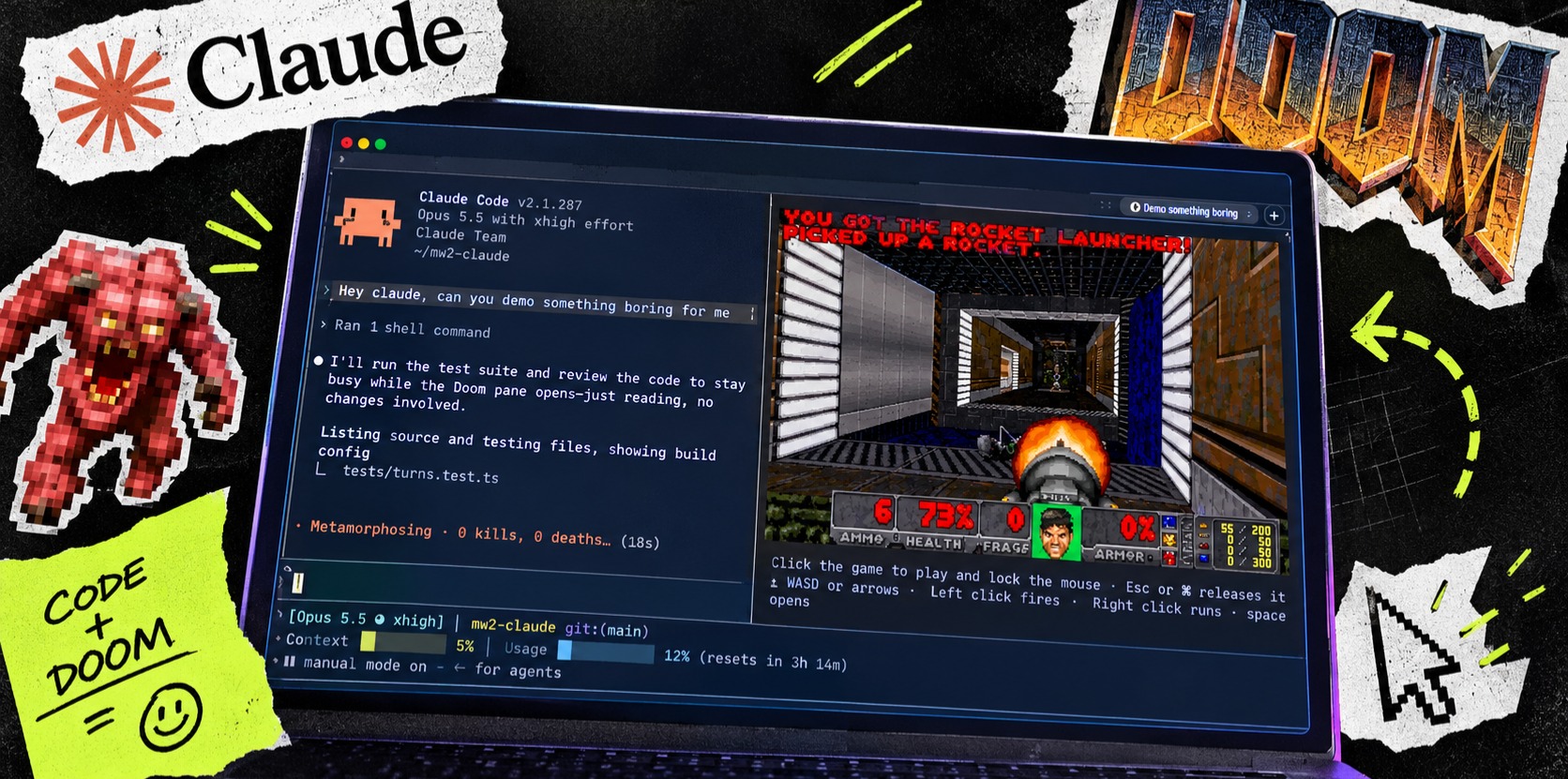 A collage showing a screen with split screen code editor and a game of DOOM, with other graphic elements around the outside