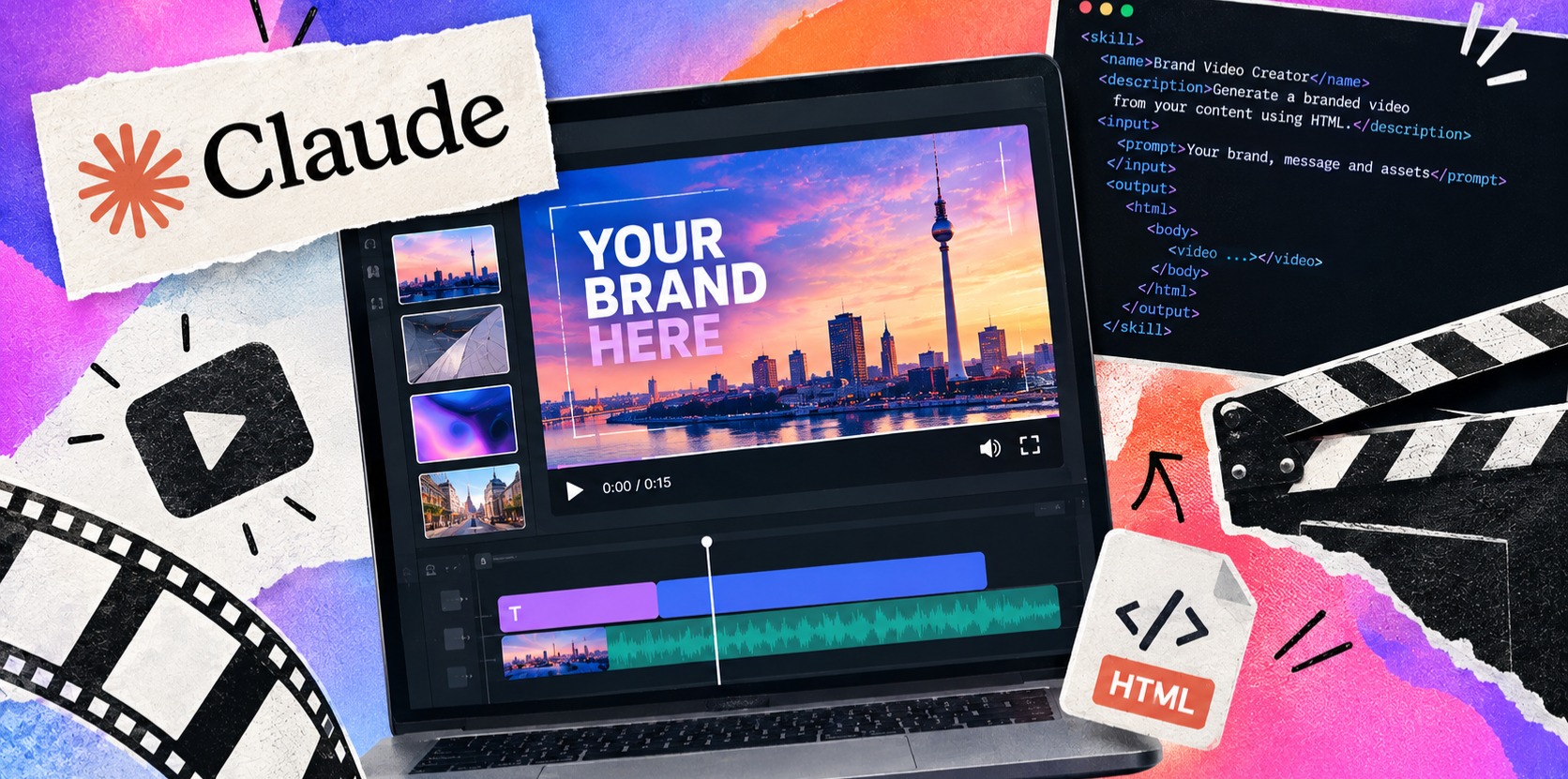 A digital collage with the claude logo and a laptop with a video editor on