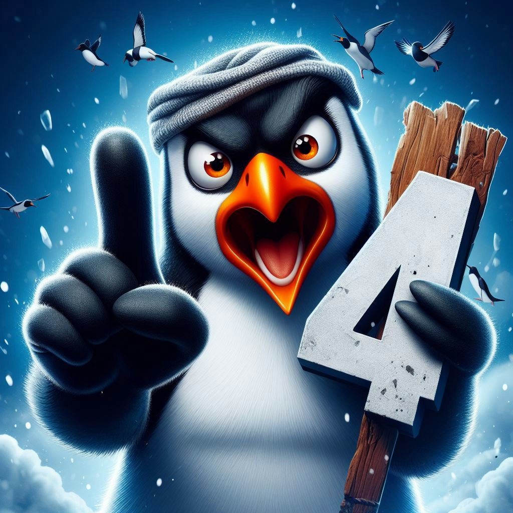 An angry penguin holding up the number 4