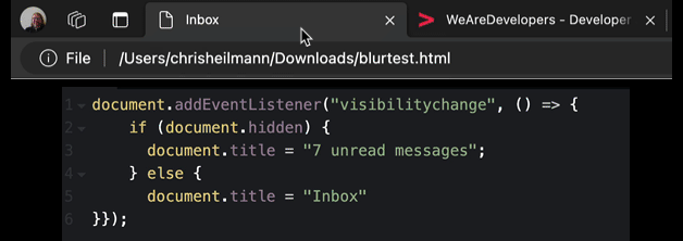 Animation showing that the title of the document changes when the tab is focused or not using the Page Visibility API