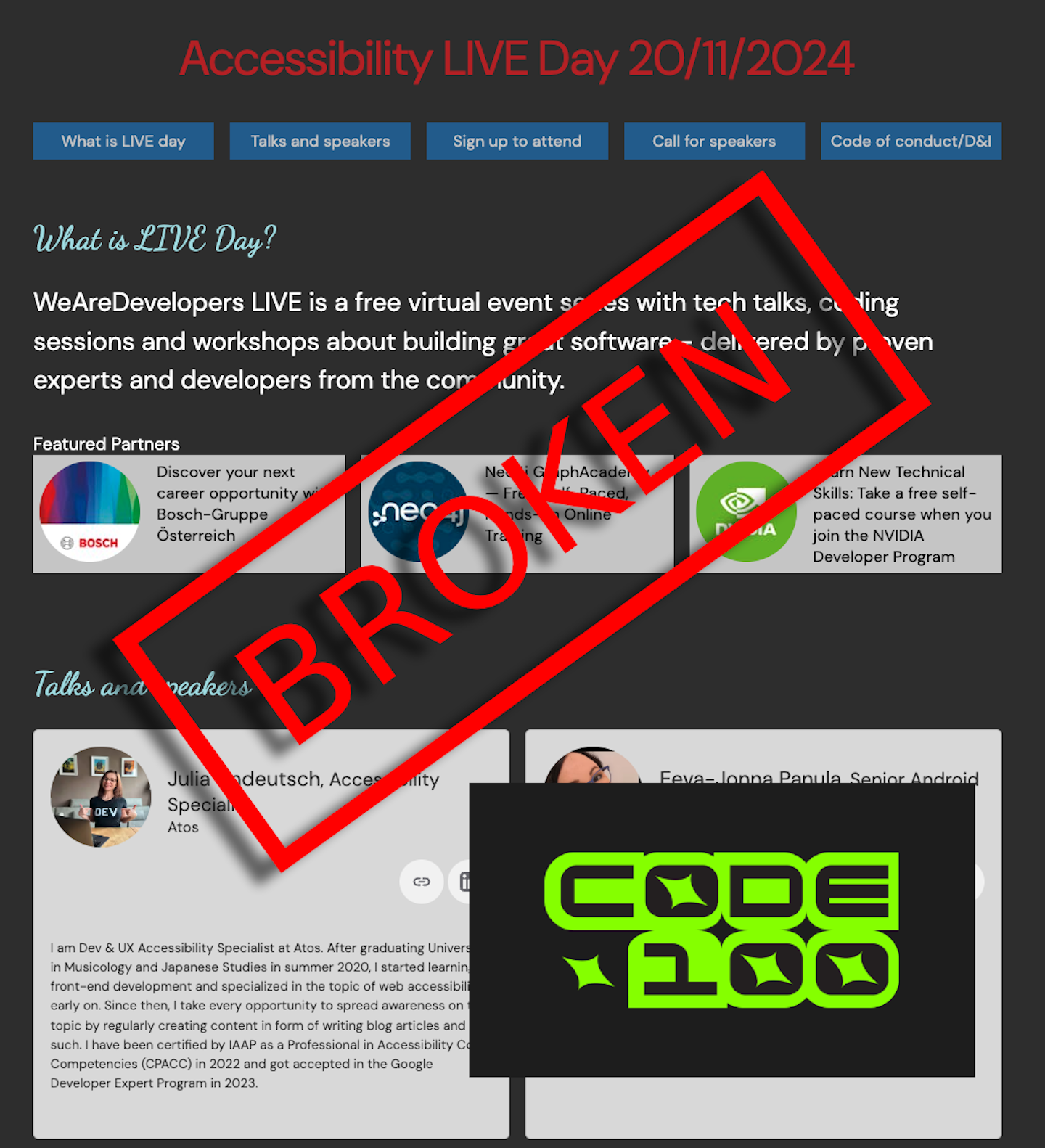 Screenshot of the web site with a "broken" stamp on it and a code100 logo