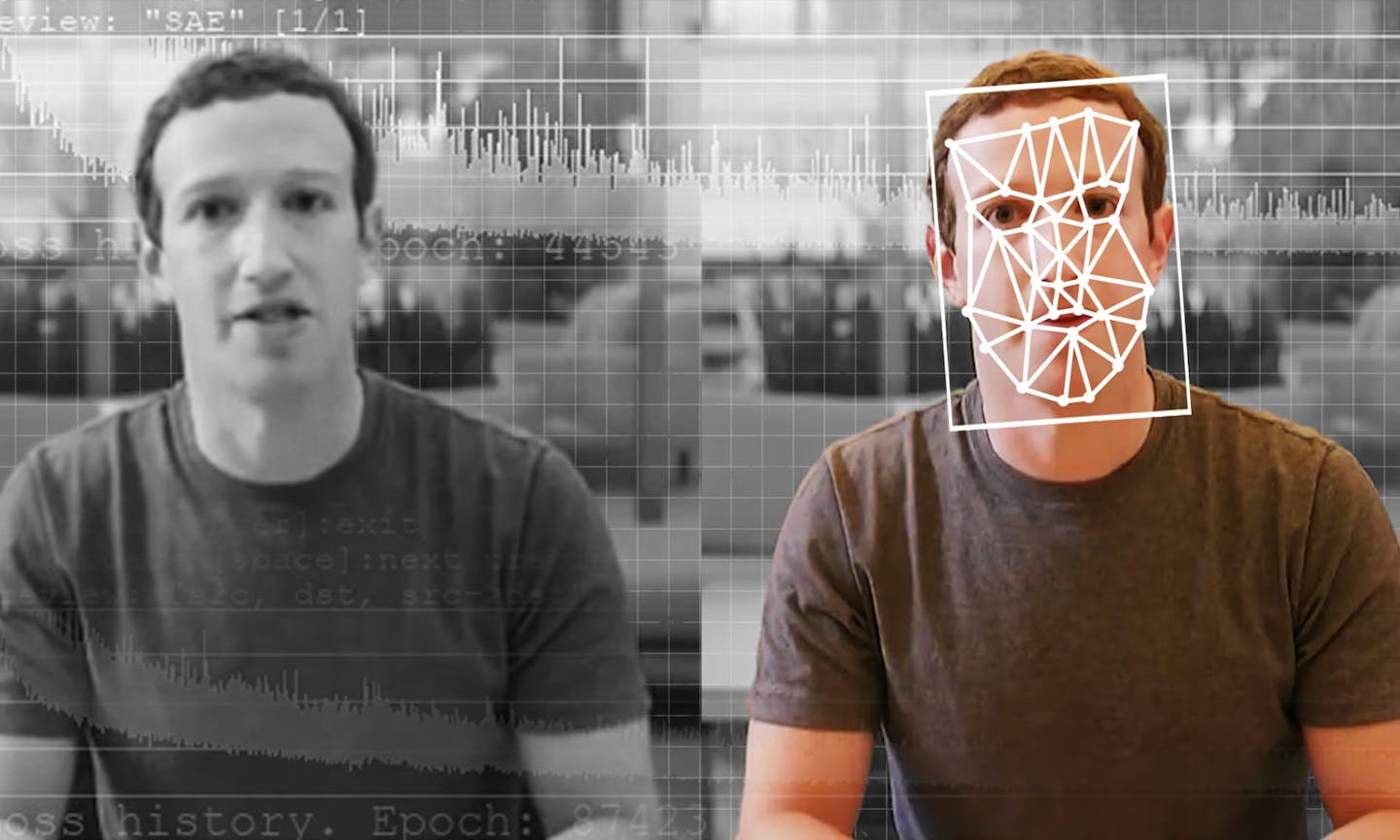 Mark Zuckerberg deep fake with facial detectors showing