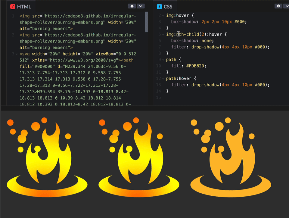 codepen showing the difference between box shadow and drop shadow